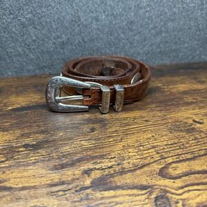 Vintage Western Leather Concho Belt Brown Silver Etched Buckle Boho Equestrian